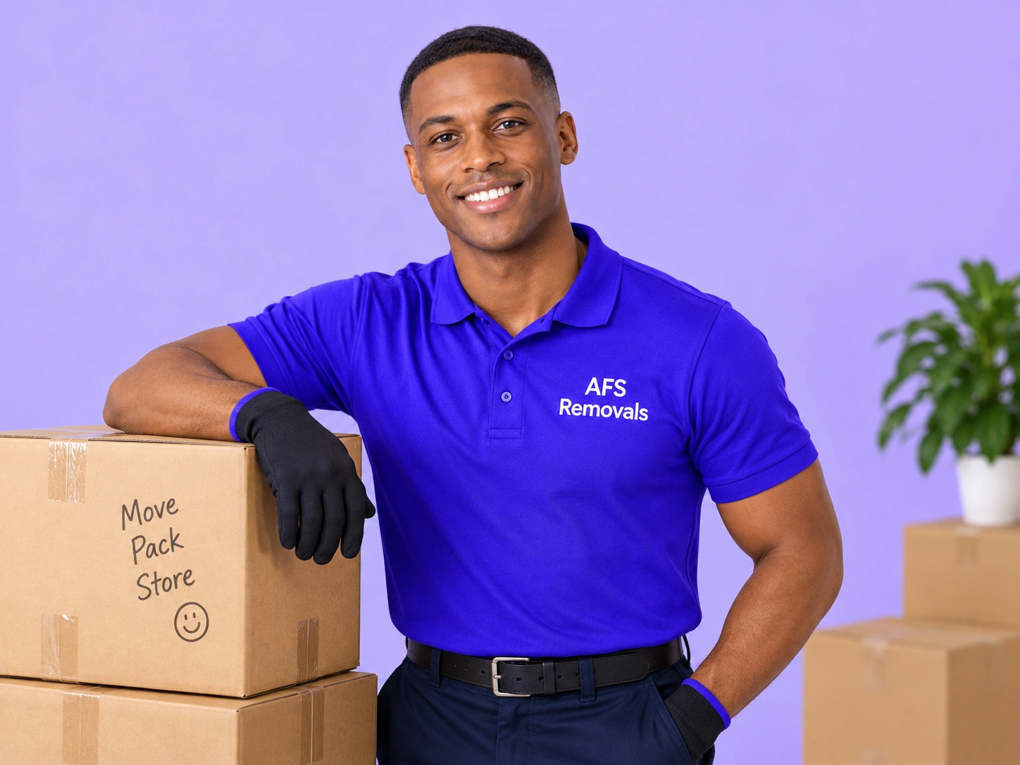 AFS Removals mover leaning on packed boxes