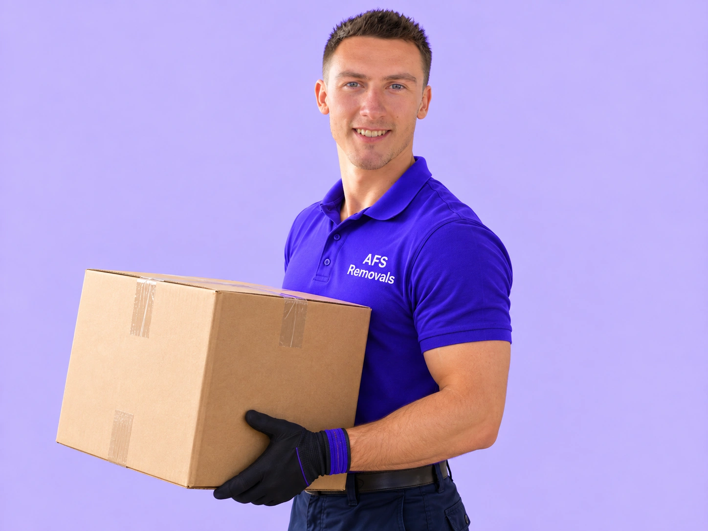 AFS Removals mover carrying a moving box