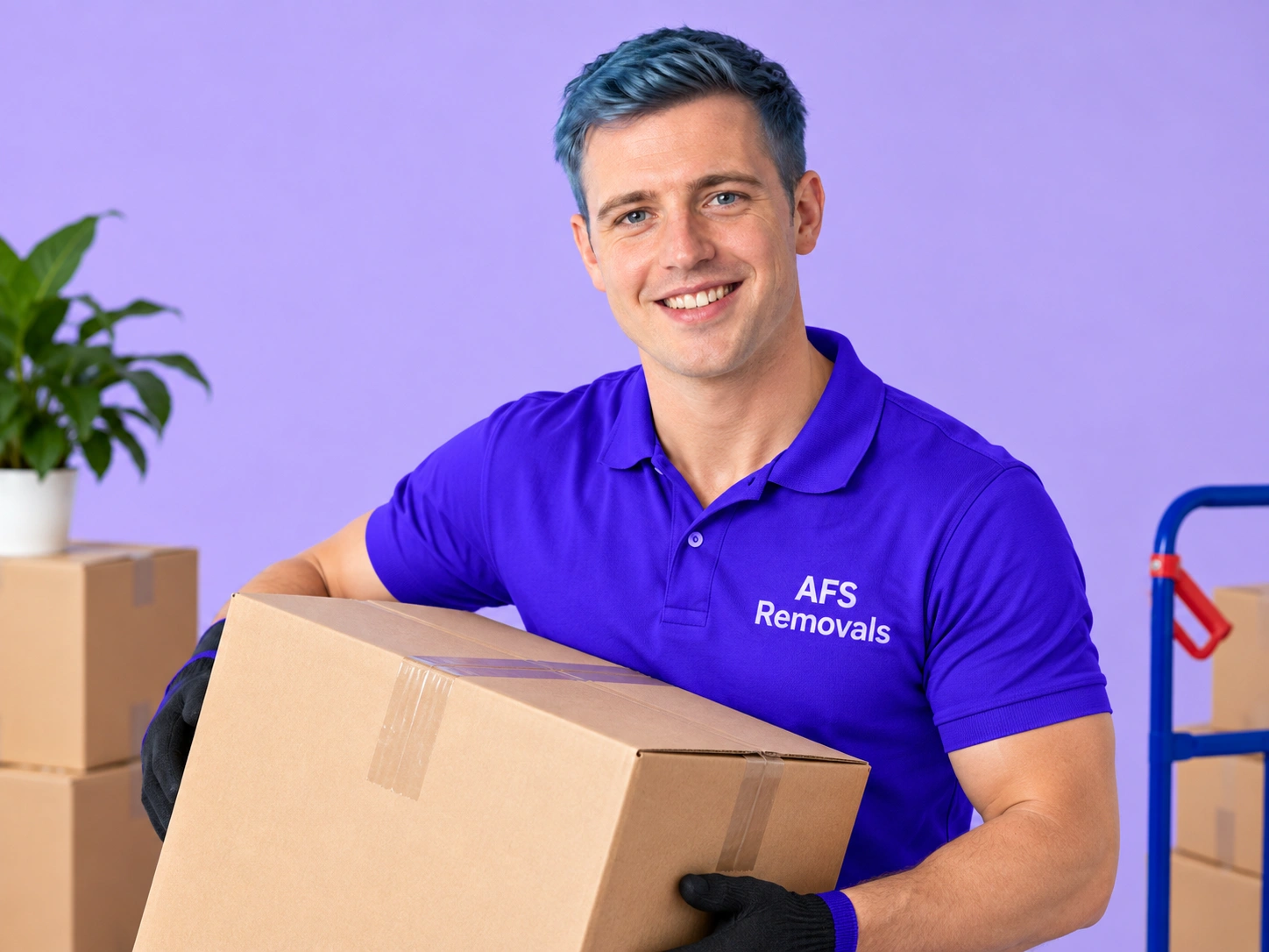 AFS Removals mover carrying a large box