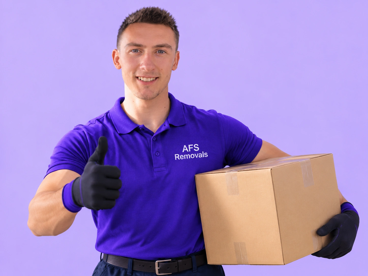 AFS Removals mover giving a thumbs up beside a box