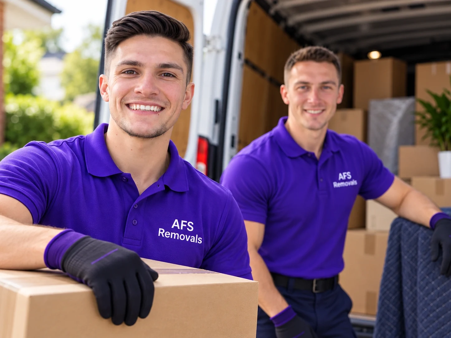 Two professional AFS Removals team members standing in front of a removals van with moving boxes