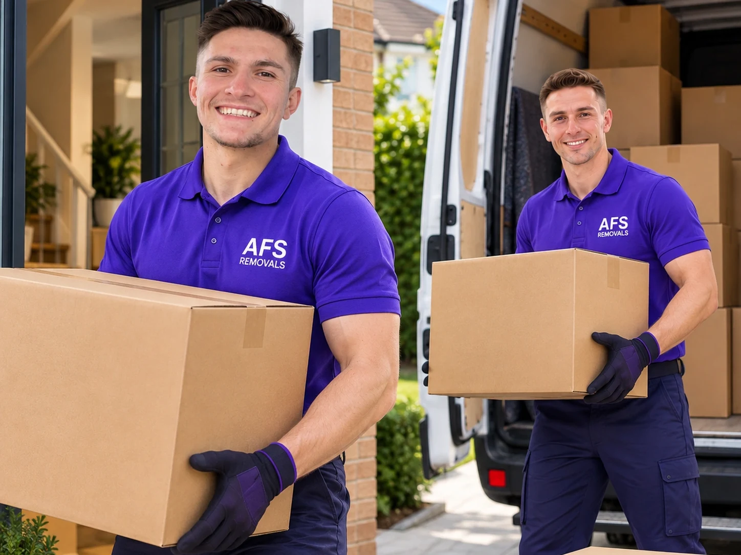 AFS Removals movers carrying boxes from the van