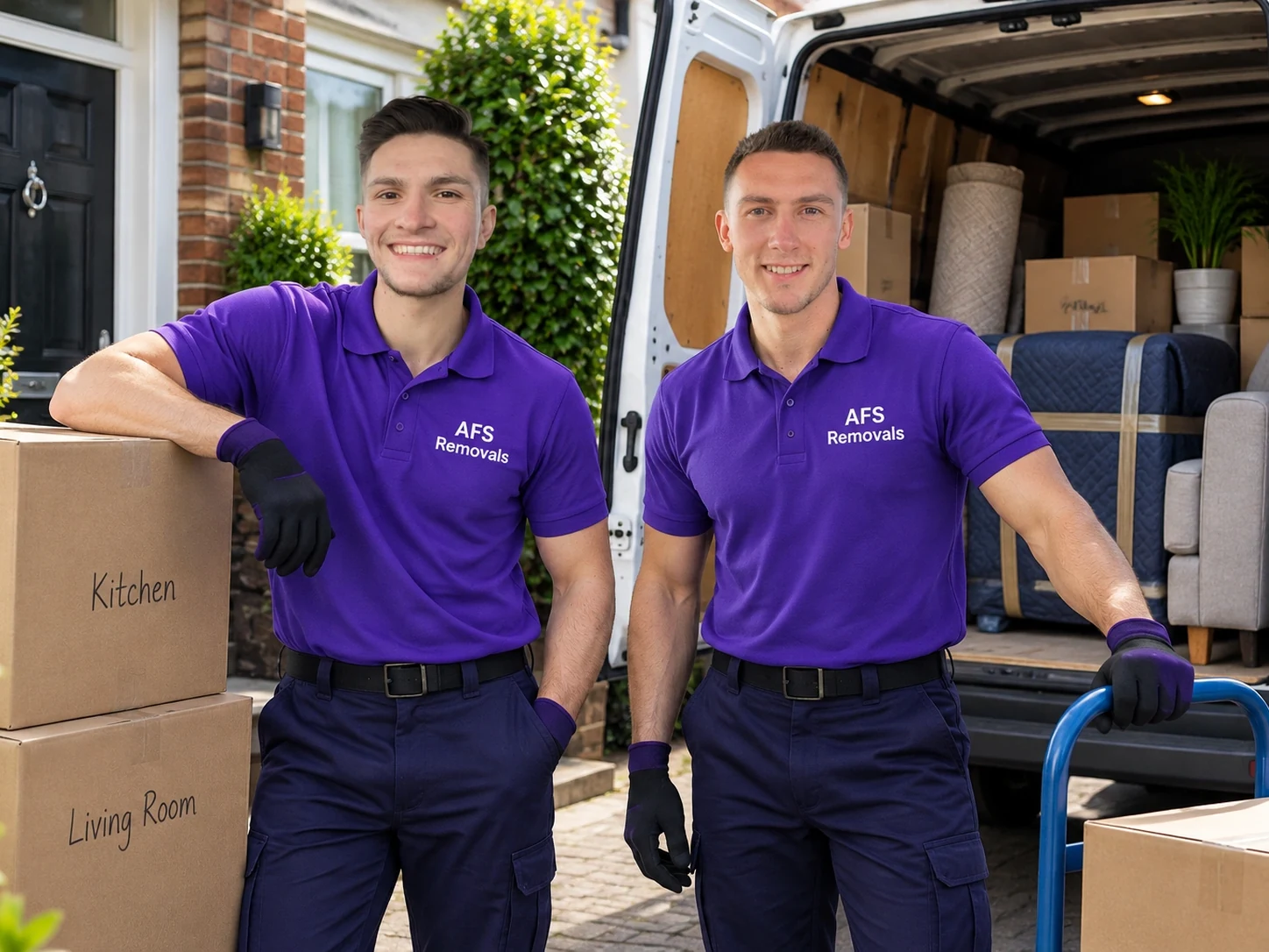 Two AFS Removals movers beside a loaded van