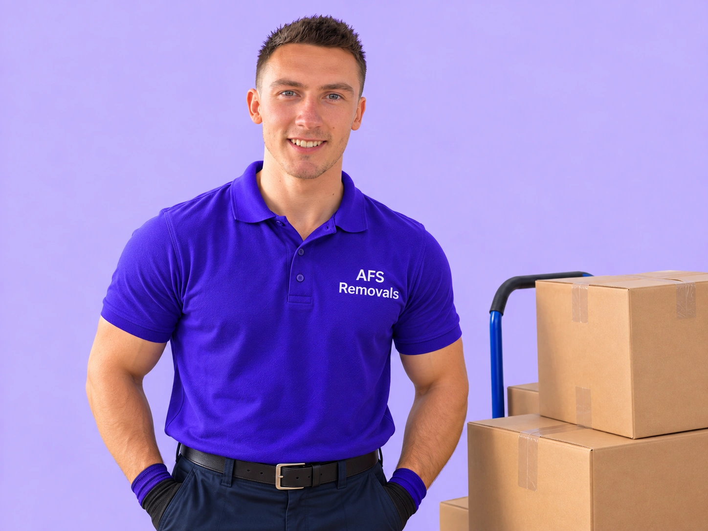 AFS Removals mover beside a trolley of boxes