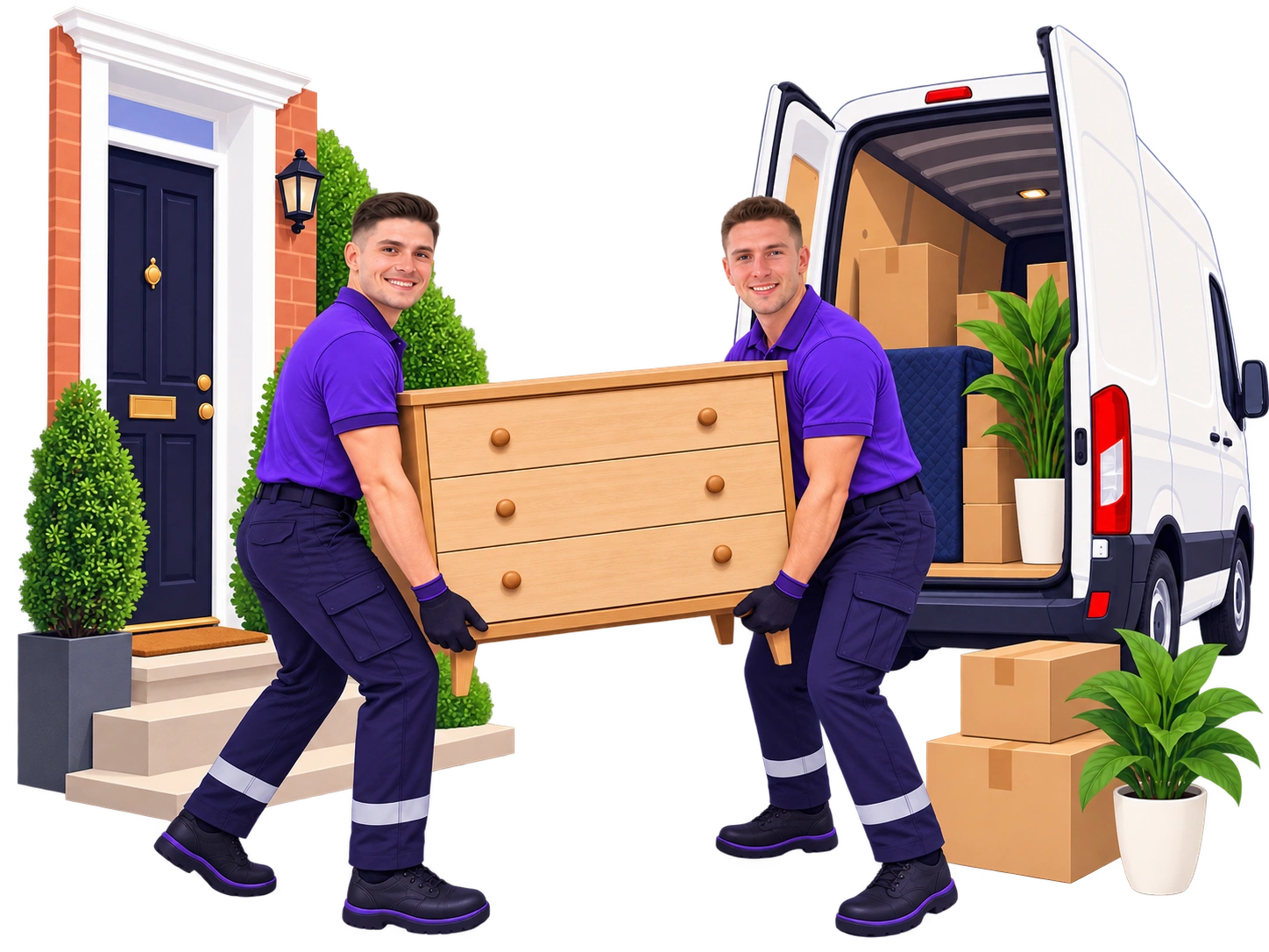Two AFS Removals movers carrying a chest of drawers from a house to the van