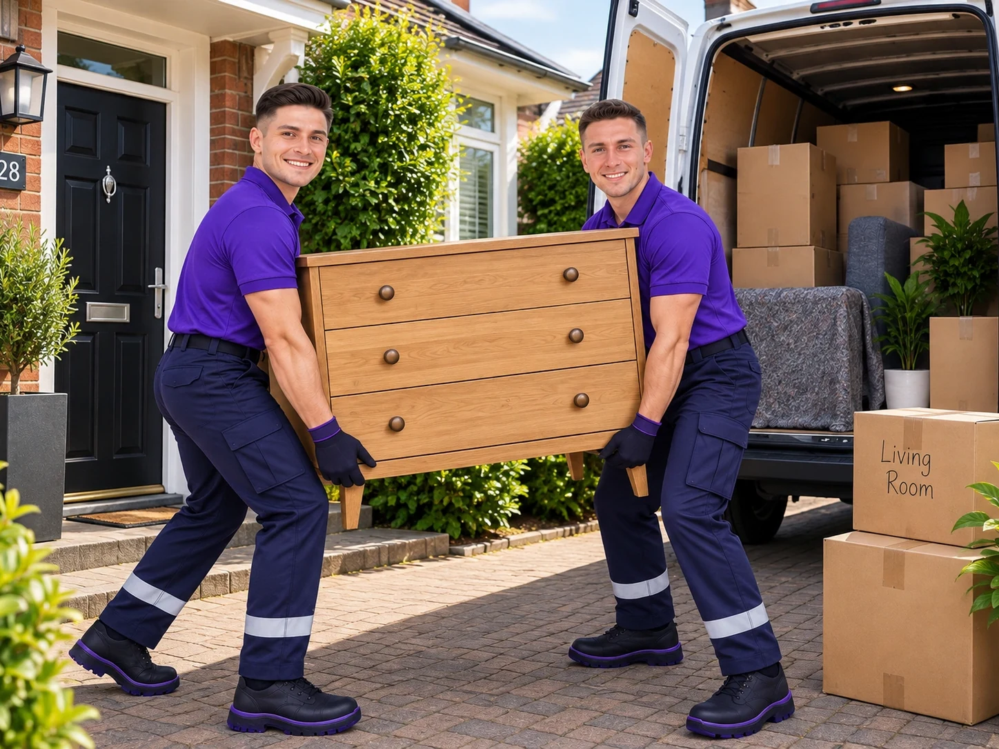 AFS crew carrying a chest of drawers out to the van on moving day
