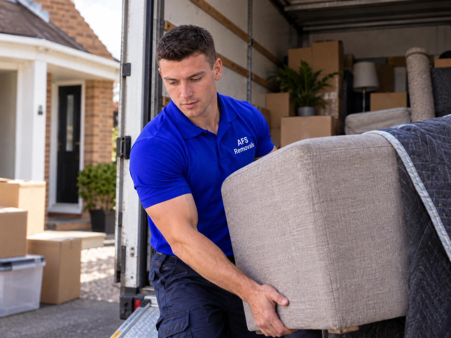 AFS Removals mover unloading a sofa from the van